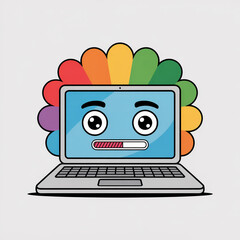 A laptop with a rainbow afro and a loading bar on the screen isolated on white background is a fun and quirky illustration