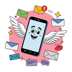 A winged smartphone surrounded by envelopes isolated on white background is a whimsical depiction of digital communication