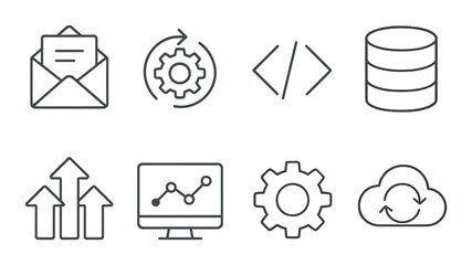 Technology icons featuring email, database, and cloud sync on gradient background