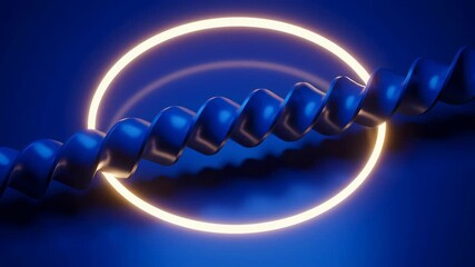 3D Blue Spiral Abstract Shape with Neon Glowing Circle on Dark Blue Background