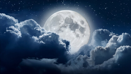 Wall Mural - Illuminated Moon Surrounded By Dark Clouds And Stars In A Mystical Night Sky