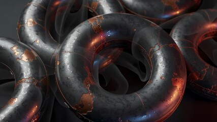 Abstract Black Donut Shapes with Metallic Accents on Dark Background