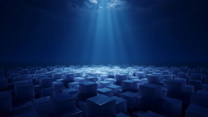 Abstract Blue Cubes Rising from the Ground Under Bright Rays of Light