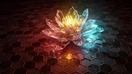 Abstract Crystal Flower with Glowing Core on Hexagonal Tile Surface in Dark Environment with Orange and Teal Lighting