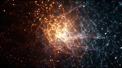 Pulsating glowing abstract network showing futuristic data. Dynamic technology and vibrant particle energy connection background
