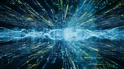 Dynamic stream of data flowing through a cyber network in blue and gold light streaks