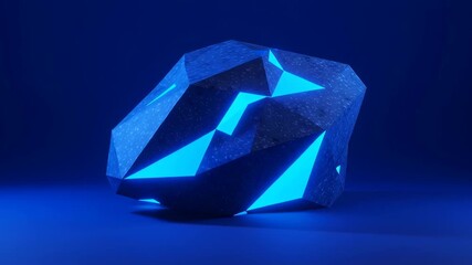 Abstract Geometric Blue Rock Formation with Glowing Accents on Dark Blue Background