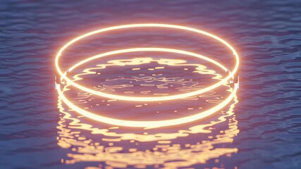 Abstract Glowing Rings Floating on Dark Blue Water Surface Reflecting Light