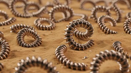 Abstract Golden Coiled Springs on Brown Sand in Golden Hour Lighting