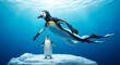 © adniluy - A penguin in a diving suit swims underwater, interacting with a smaller penguin standing on an iceberg. The scene is serene and underwater, with a bright light source above