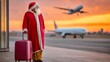 © Nataliia_Trushchenko - A man dressed as Santa stands at an airport gate with a suitcase. The scene is set against a backdrop of an airplane flying overhead. Scene is festive and cheerful