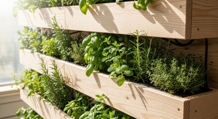 Wall Mural - Closeup medium shot focusing on wooden panel vertical farming tiers featuring lush herbs growing under natural light highlighting sustainable material use in ecofriendly farming.