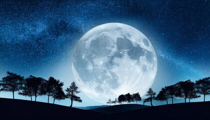 Wall Mural - Illustration Depicting A Night Landscape With Large Moon Starry Sky And Silhouttes Of Trees