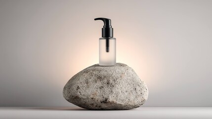 Natural stone displaying transparent cosmetic bottle