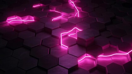 Black Hexagonal Pattern with Vibrant Pink Neon Light Abstract Background