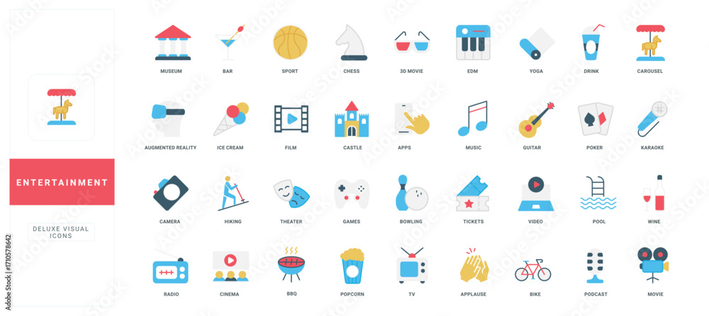 Entertainment, leisure in cinema theatre and museum, bar, music show and television color icon set. Film strip and guitar, popcorn and ticket, camera and augmented reality flat vector illustration