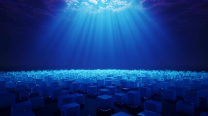 Glowing Blue Cubes Landscape with Dynamic Lighting and Purple Haze Background