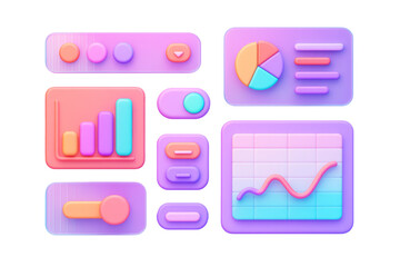Bright 3D-style user interface dashboard elements like graphs, switches, and buttons in pastel colors, isolated on white background. Ai generative