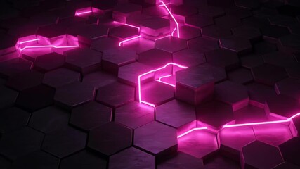 Hexagonal Metal Grid Pattern with Glowing Pink Edges on Dark Background
