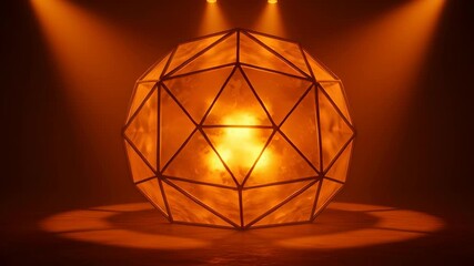 Illuminated Dodecahedron with Orange Glow Under Two Spotlights on a Dark Floor