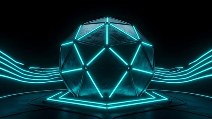 Icosahedron Shape with Blue Neon Lines on Dark Surface with Wavy Pattern Background in Studio Shot