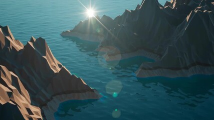 Low Poly Landscape With Blue Ocean and Mountains Under Bright Sunlight