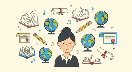 Smiling student surrounded by books, globes, diplomas, and pencils, symbolizing education and global learning.