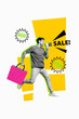 © deagreez - Sketch image trend 3D photo collage of store sale advertisement promotion shopping rebate low price percent young man run talk megaphone