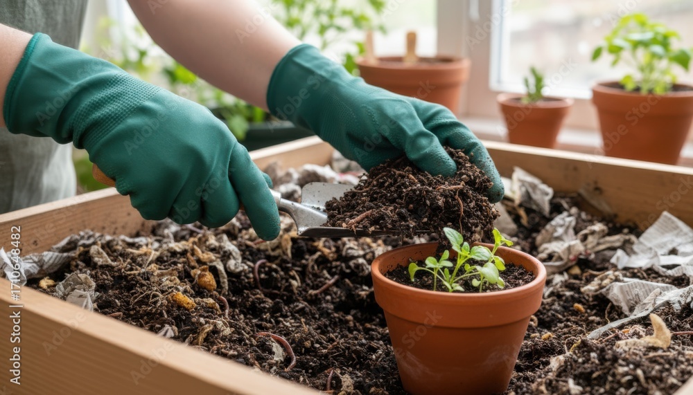 Hands collecting nutrientdense worm castings from a vermiculture bed ...