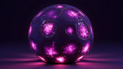 Textured Dark Orb with Multiple Luminous Pink Circle Accents on Smooth Purple Surface in Studio Setting