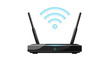 © Unique - Wireless router with two antennas emitting a Wi-Fi signal, representing connectivity and internet access in a modern home or office environment