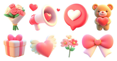 Wall Mural - PNG Cute romantic 3D icons collection, element set on transparent background