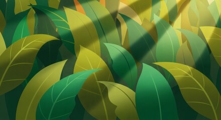 Sunlight filters through lush green leaves in a vibrant forest scene