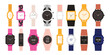 © Flash Vector - Wrist watch set vector illustration. Cartoon isolated fashion wristwatch collection with expensive luxury gold clock, classic female and male mechanical accessory, smartwatch with digital display