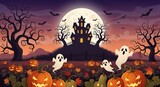 Spooky halloween scene with haunted castle pumpkins and ghosts under a full moon