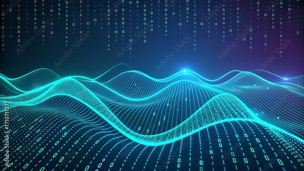 Abstract digital wave with binary code background vibrant teal and blue
