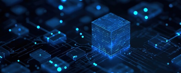 Wall Mural - A futuristic digital cube surrounded by glowing circuitry, representing technology, data, and advanced computing.