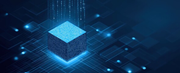 Wall Mural - A digital cube emits binary code, surrounded by a network of glowing lines, symbolizing data processing and technology.
