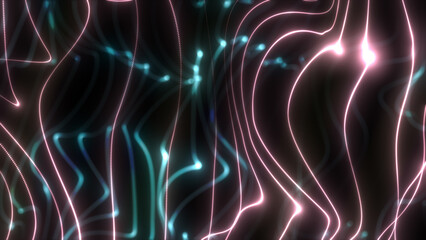 Wall Mural - Animated 3d render of glow abstract particles in defocus. Motion background with twisted lines