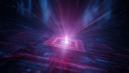 Wall Mural - A vibrant digital representation of a circuit board with glowing light beams, symbolizing technology and innovation in a futuristic setting.