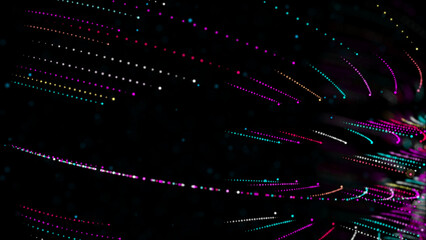 Wall Mural - Animated 3d render of glow abstract particles in defocus. Motion background with twisted lines