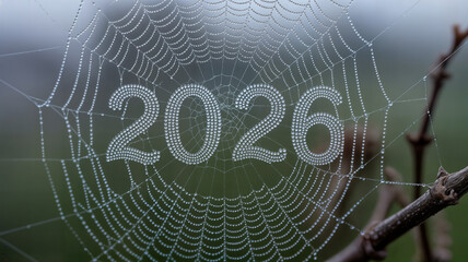 Dew covered spiderweb displaying the year 2026 in a natural outdoor environment