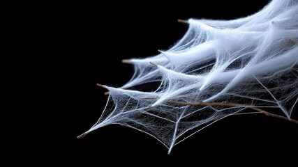 White spider webs strung on bare twigs against a stark black backdrop