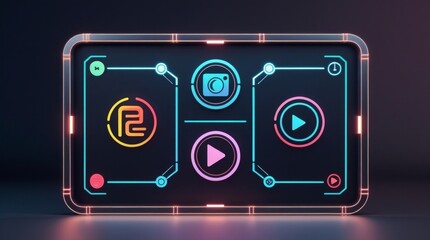 Futuristic AI content panel showing icons for text, image, video, and audio creation in one-touch smart media interface