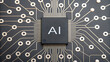 © rafe - Close up of a black ai processor chip with ai text on a detailed electronic circuit board background