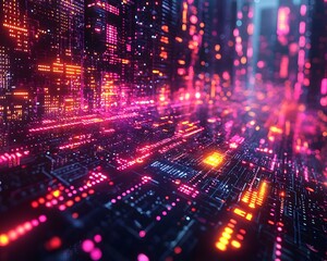Wall Mural - futuristic digital cityscape glowing with neon lights representing data flow and network connections