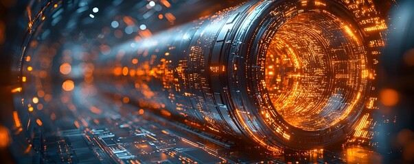 Wall Mural - futuristic digital tunnel filled with glowing orange data streams and complex circuitry
