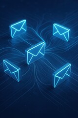 Modern email communication network with 3D message icons and professional blue technology background