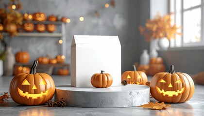 Wall Mural - Festive Halloween product display mockup with glowing jack o' lanterns and a blank box on a podium for presentation