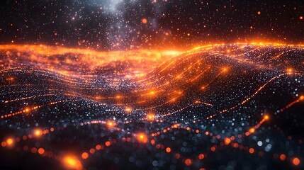 Wall Mural - abstract digital network with glowing data waves and pulsing energy streams in a dark futuristic spa